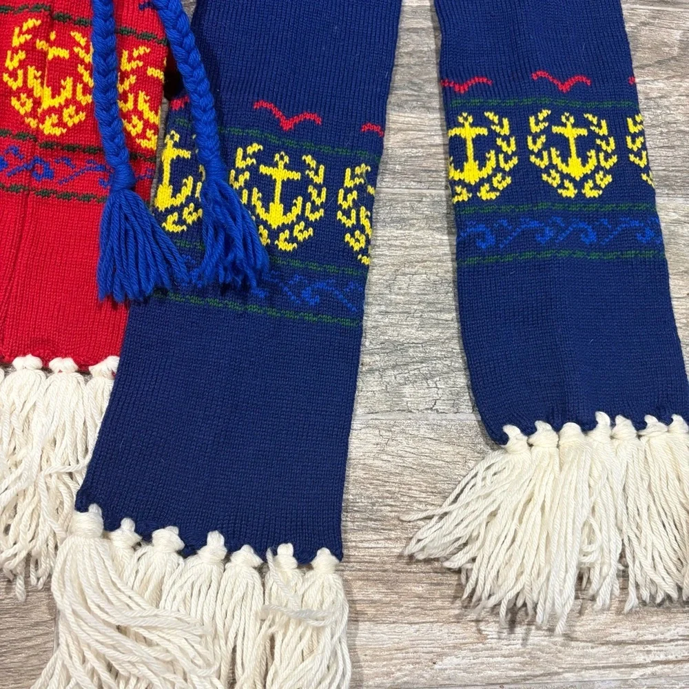 Vtg 100% Wool Handknit Scarf Hat Set Red Blue Nautical Tassel Fringe Vermont